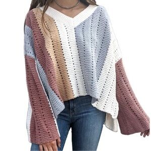 POL Chunky Knit Chenille Striped Oversized V Neck Sweater Size Small